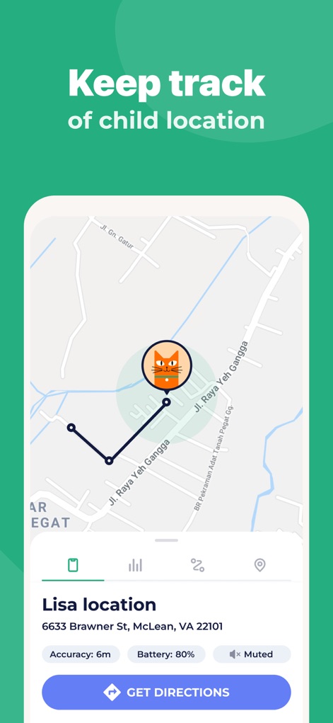 Parental Control App - Kidslox - Ensure your child's safety with real-time location tracking displayed on a detailed map and comprehensive 'Lisa location' details including accuracy and battery level.