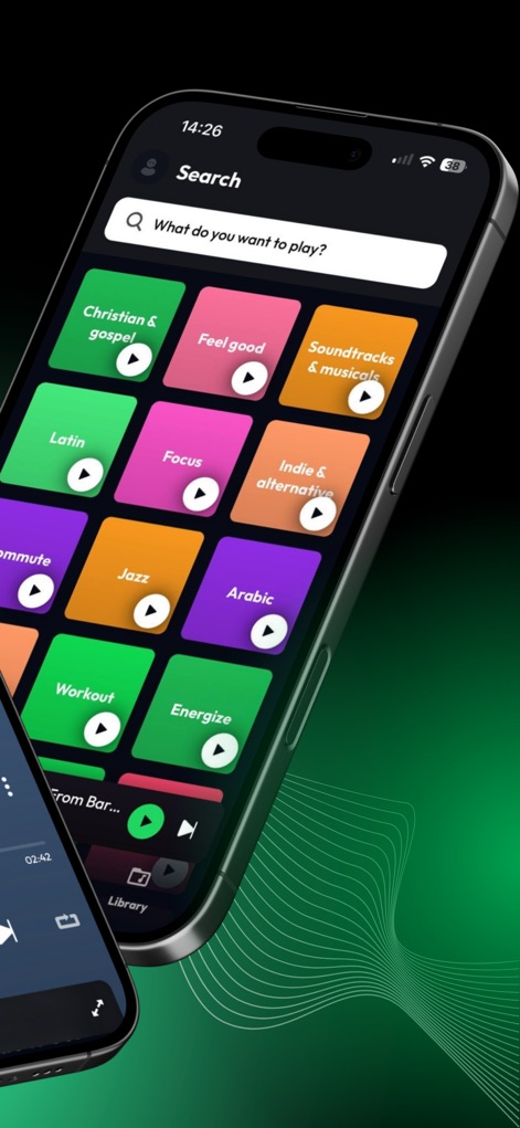 Lyra - Music, Radio, eSound - Users can easily explore a vast array of music through visually appealing, colorful genre tiles and a highly functional search bar at the top.