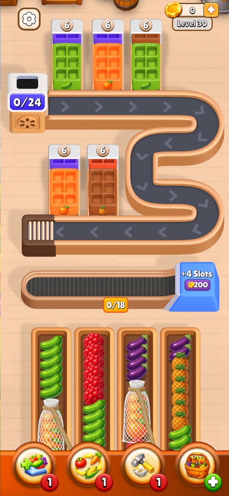 Farm Loop: Harvest Puzzle - La imagen presenta un circuito con múltiples curvas y dispensadores variados de pepinos y calabazas, ofreciendo un vistazo a la diversidad de los productos como las cerezas y piñas empacadas.