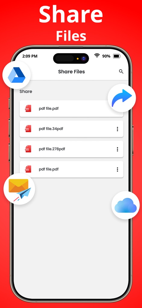 PDF Reader - Scanner app - Die App ermöglicht das einfache Teilen von PDF-Dateien (X), wobei die umgebenden Icons verschiedene Optionen wie E-Mail und Cloud-Dienste (Y) für den schnellen Versand aufzeigen.