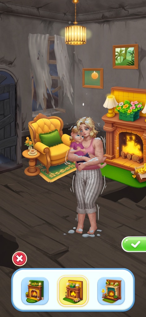 Beauty Tiles: Story & Makeover - La escena ilustra la funcionalidad de personalización del hogar, permitiendo a los usuarios elegir entre distintas opciones de chimeneas para mejorar el ambiente de la habitación.