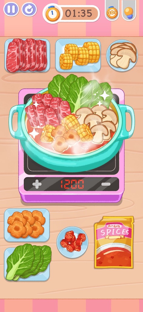 Tidy Up - Satisfeel ASMR - Users can engage in a delightful cooking mini-game featuring a steaming hotpot filled with diverse raw ingredients ready for preparation.