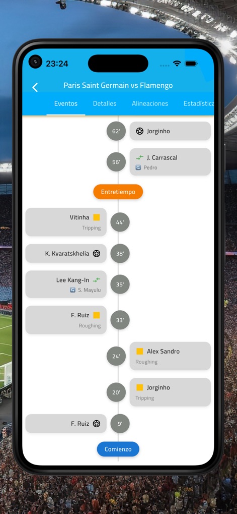 Futbol Argentina - EN VIVO - Users can track every moment with the live match timeline, detailing goals and fouls in a chronological event log.