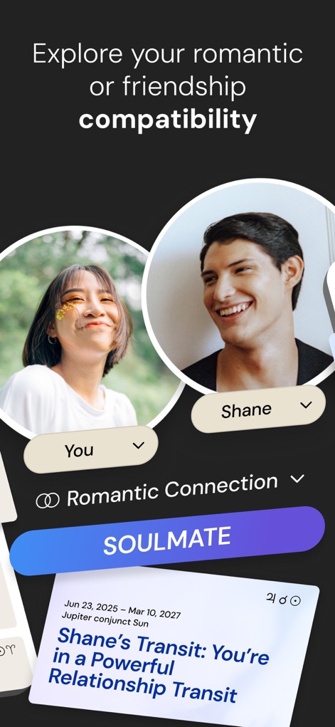 The Pattern: Astrology - ユーザーは、この画面を通じて「SOULMATE」として表示される関係性互換性を探索し、特定の期間における相手との「トランジット」分析で関係性の動向を理解できます。