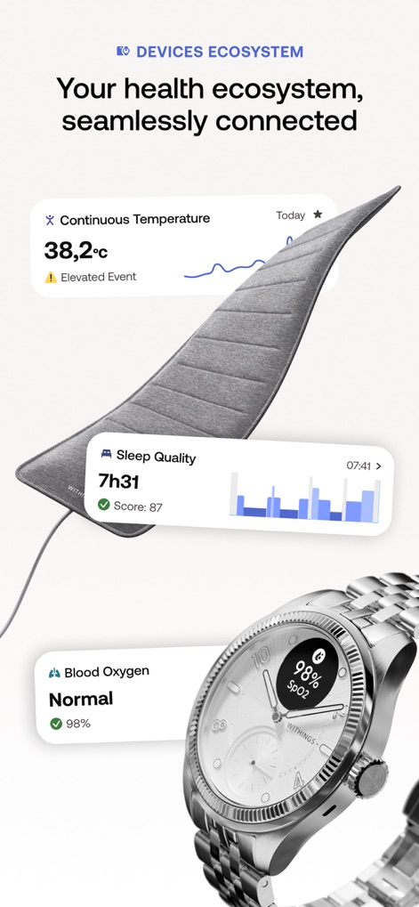 Withings - Withings製デバイスと連携して、継続的な体温モニタリングや睡眠の質、血中酸素濃度などの健康データをシームレスに収集・表示します。