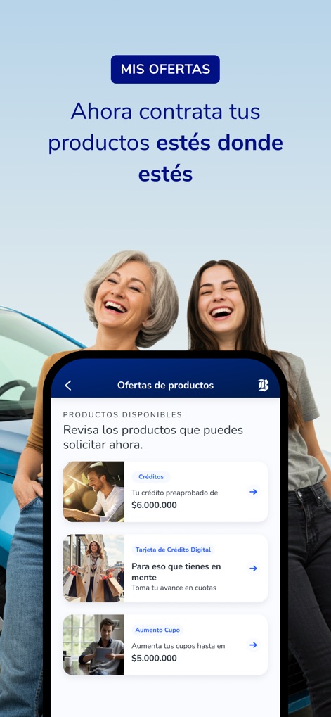 Mi Banco Chile - この画面では、利用可能な金融商品（例：事前承認済みクレジット）が表示されており、それぞれのオファーには詳細を確認できる選択肢と、製品の種類を示すアイコンが提供されています。