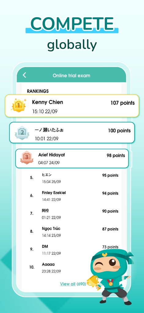 Migii JLPT: JLPT test N5-N1 - The app fosters competitive learning with a dynamic global ranking leaderboard and dedicated "Online trial exam" features for users to test their skills against others.