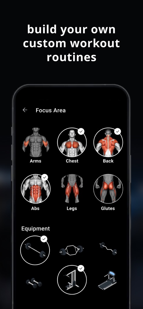 Lyfta: Gym Workout Tracker Log - Users can precisely build routines by selecting target muscle groups and specific equipment for tailored training plans.