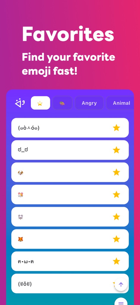 Kaomoji – Kawaii Emoji App - A seção "Favorites" destaca-se, exibindo kaomojis previamente marcados com o "ícone de estrela" para acesso rápido, permitindo aos usuários encontrar facilmente suas expressões preferidas.