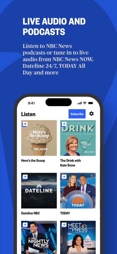 NBC News: Breaking & US News - L'application propose une vaste bibliothèque de podcasts incluant "Here's the Scoop" et "Dateline NBC", enrichie d'icônes en étoile qui signalent le contenu populaire ou premium.