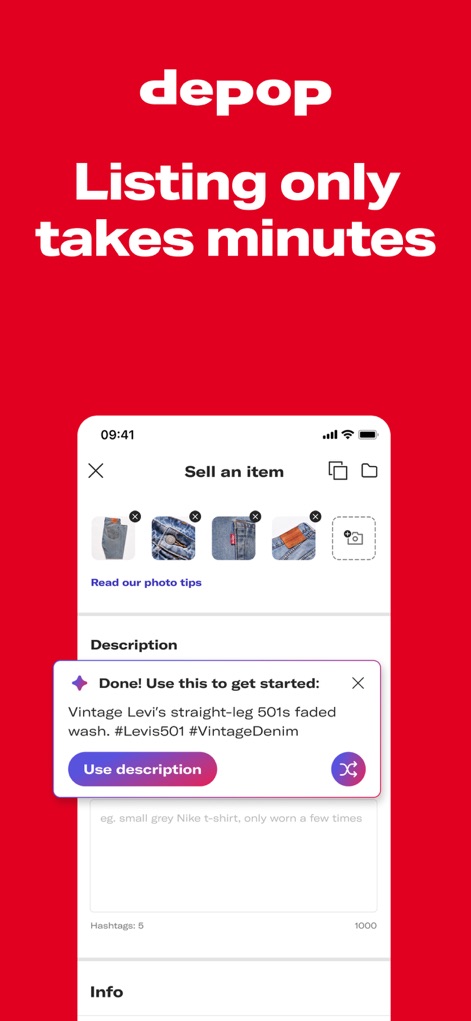 Depop - Buy & Sell Clothes - Users can experience streamlined item listing through the intuitive 'Sell an item' interface, complemented by AI-powered description generation for efficiency.