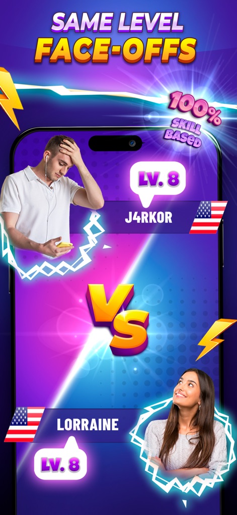 Backspin Games: Win Real Money - The app ensures equitable competition by matching players of "Lv. 8" skill against each other, emphasizing its "100% SKILL BASED" gameplay.