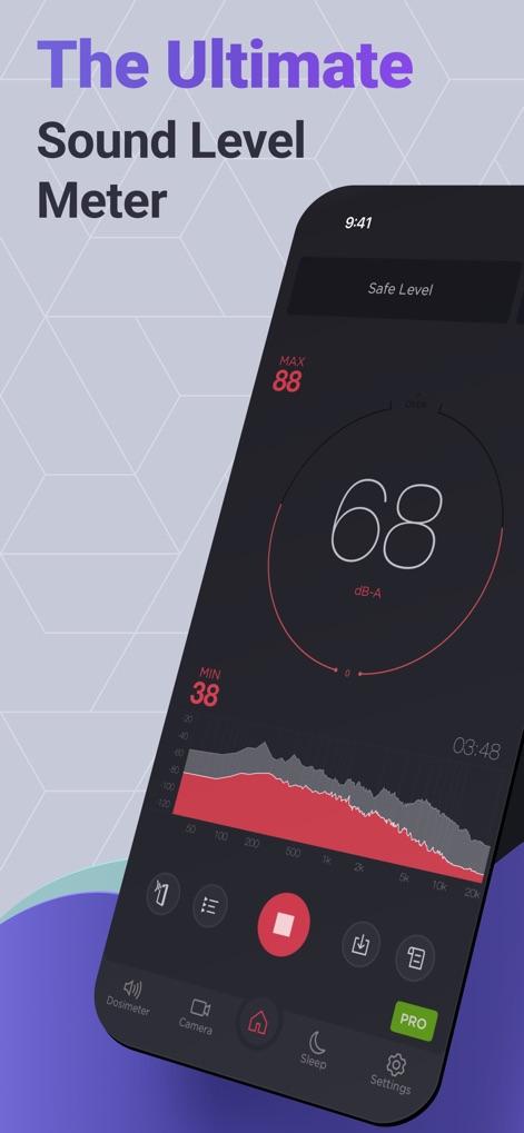Decibel : dB sound level meter - Die App zeigt detaillierte Echtzeit-Dezibelwerte mit klaren MAX/MIN-Indikatoren und visualisiert gleichzeitig das Frequenzspektrum.