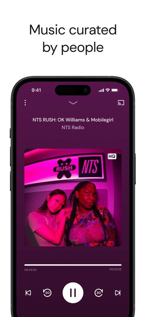 Mixcloud: Music, Mixes & Radio - Users can delve into expertly curated radio shows, easily navigating content with intuitive playback controls and visually engaging album art.