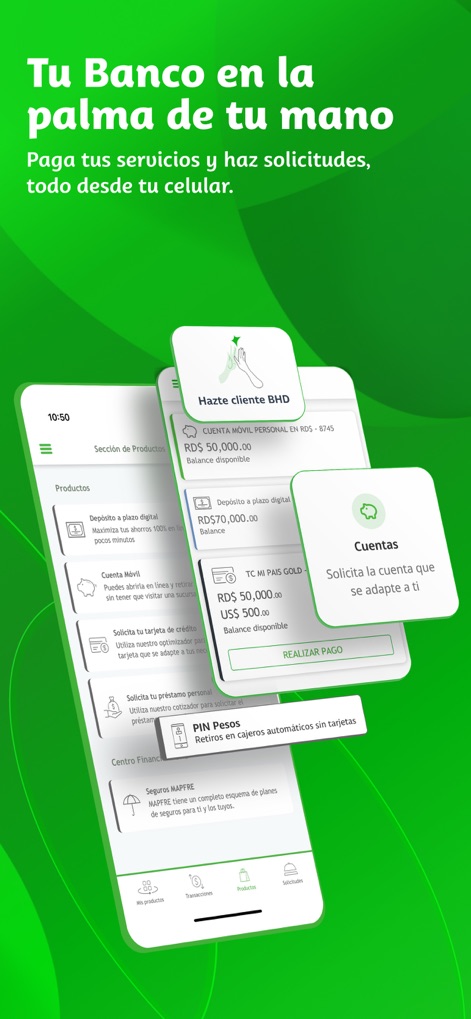 Móvil Banking Personal BHD - Esta herramienta expone la amplia gama de productos financieros disponibles, desde depósitos a plazo digital hasta solicitudes de tarjetas de crédito, facilitando la gestión integral de las finanzas.