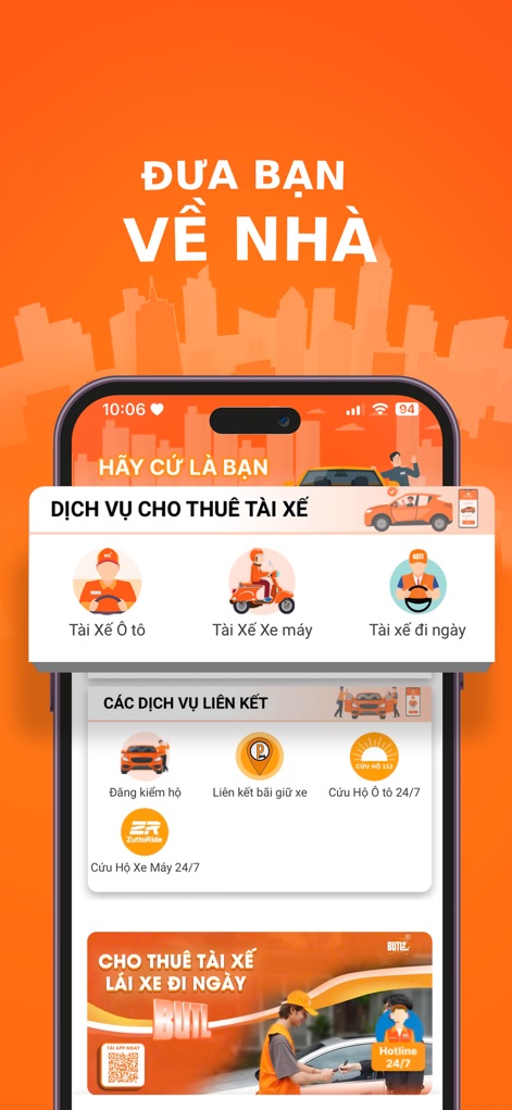 BUTL - Bạn Uống Tôi Lái - This view showcases the diverse driver rental options available, from dedicated car drivers to motorbike drivers, ensuring users can select the perfect transport solution for their journey.