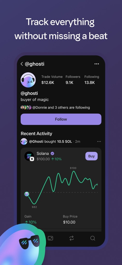 Phantom - Trade Markets - Os usuários podem rastrear atividades detalhadas de perfis, como o gráfico de preço para Solana, e visualizar informações como o volume de 'Trade Volume' e seguidores.