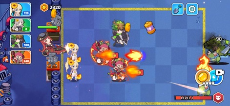 Future Guard - Observe the evolving battlefield as various hero units unleash diverse fire attacks against distinct enemy types, highlighting the character portraits on the left and visual damage indicators.