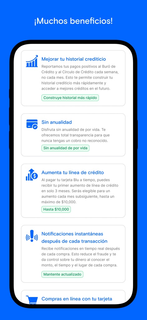 Blu: Tarjeta de Crédito - Esta sección detallada organiza los beneficios, mostrando iconos representativos como el gráfico ascendente para "Mejorar tu historial crediticio" y el sello de garantía para "Sin anualidad", explicando cómo la aplicación empodera a los usuarios.