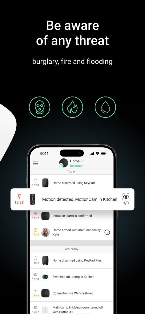 Ajax Security System - Die App zeigt eine detaillierte Zeitleiste von Sicherheitsereignissen und ermöglicht die visuelle Alarmüberprüfung durch integrierte Kamerabilder.