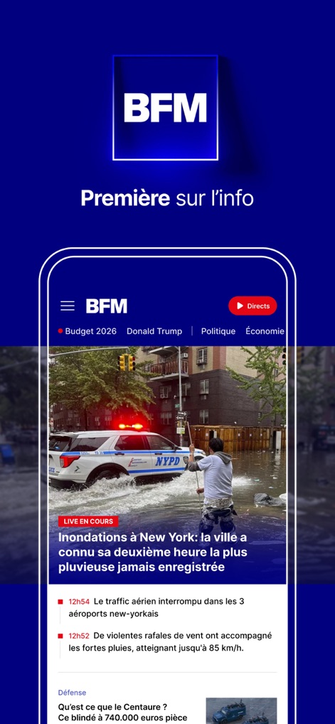 BFM : news, TV, radio en live - The app showcases its intuitive news feed, highlighting live event banners and easily navigable news categories.