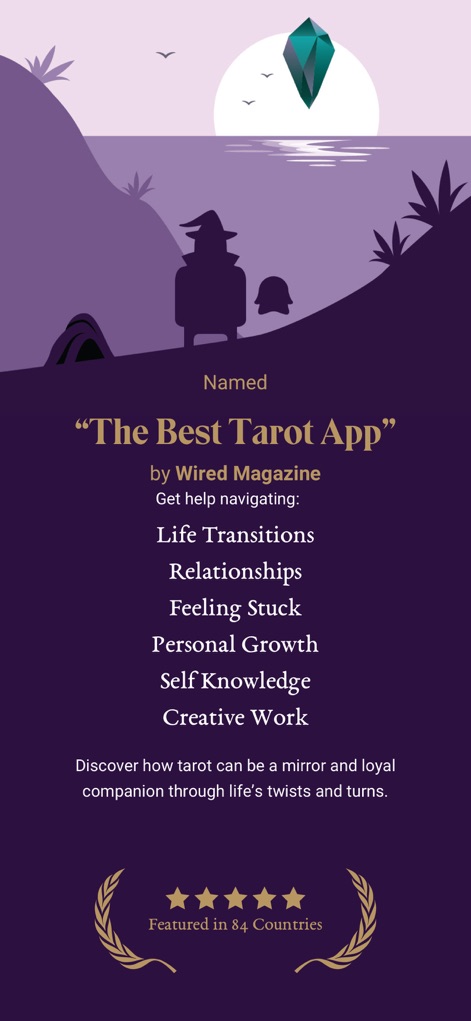 Labyrinthos Tarot Reading - The app showcases prominent industry recognition, such as being named "The Best Tarot App" by Wired Magazine, alongside a clear list of practical life applications it supports.