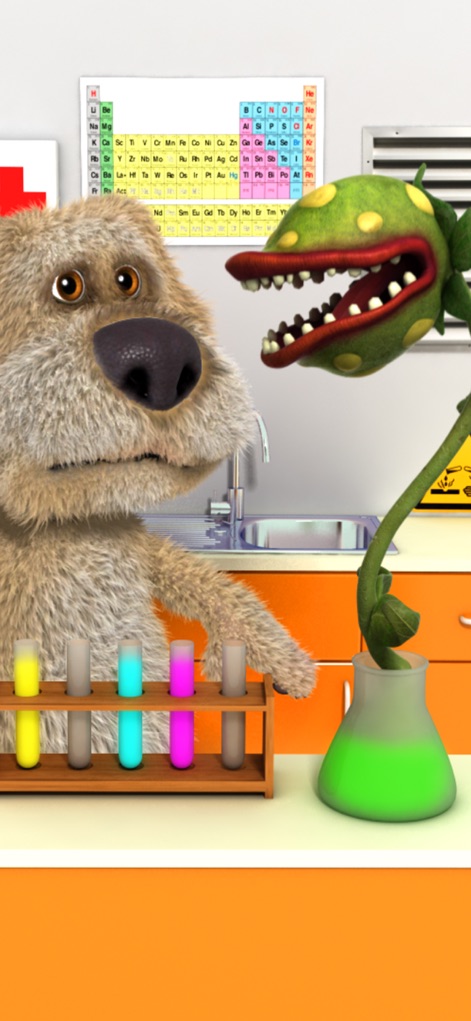 Talking Ben the Dog - Discover Ben's encounters with unexpected elements, including a vibrant carnivorous plant, capturing his startled expression during unique laboratory scenarios.