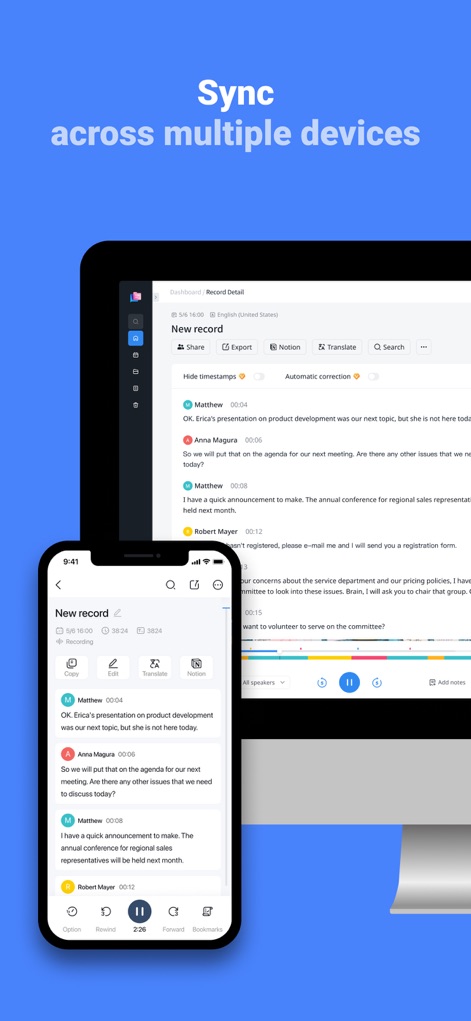 Notta Transcribe Voice to Text - The app ensures a consistent experience across mobile and desktop interfaces, with synchronized content readily available on all devices.