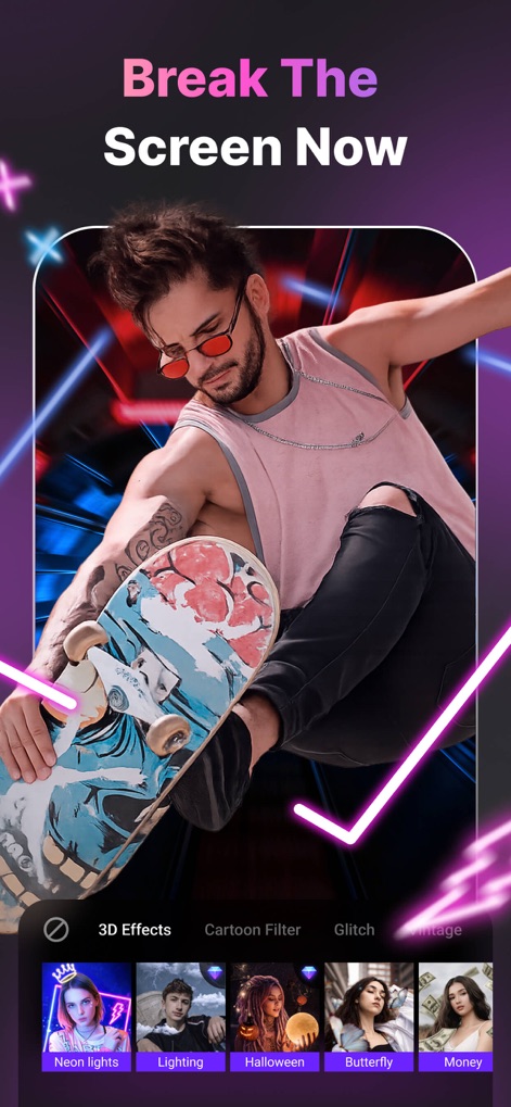 LoopArt - 3D Photo & Morph - Los usuarios pueden aplicar efectos visuales llamativos, como X (luces de neón vibrantes), que interactúan con el sujeto y crean una experiencia inmersiva con Y (elementos gráficos abstractos).