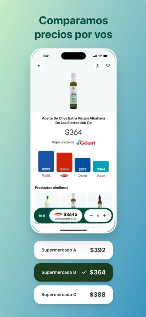 Cabacua - This screen demonstrates how the app presents real-time price comparisons for individual products and highlights the best deal from multiple supermarkets.