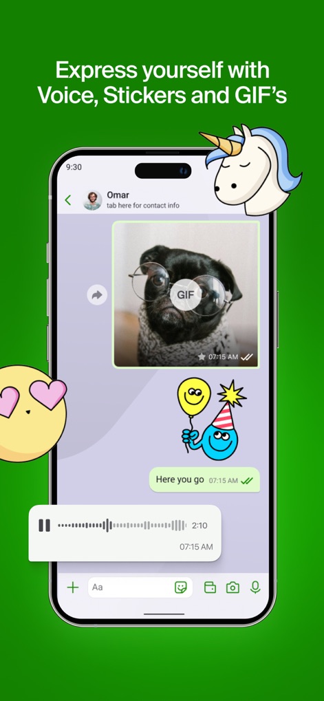 GoChat Messenger - Die Nutzer können sich auf vielfältige Weise ausdrücken, wie die Wiedergabe einer Sprachnachricht demonstriert, ergänzt durch die kreative Nutzung von Stickern und GIFs, die die Unterhaltungen bereichern.