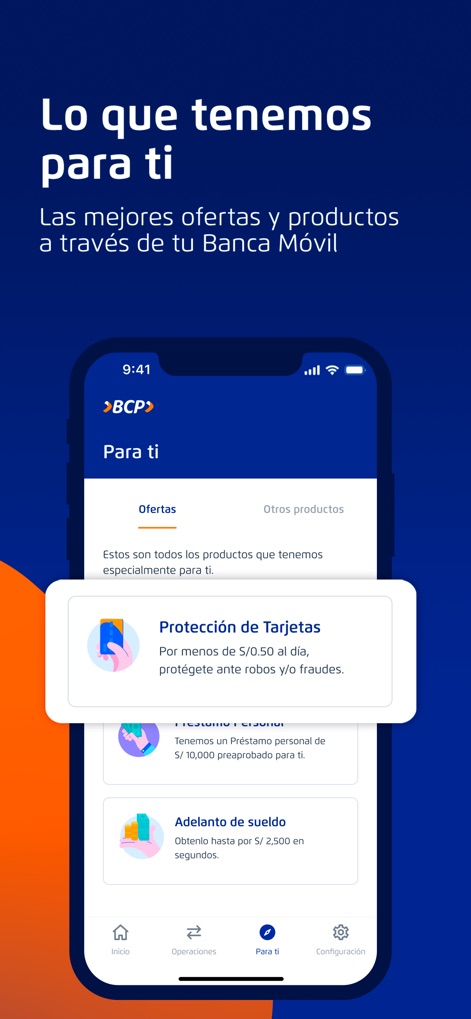 Banca Móvil BCP - The app intelligently presents personalized offers and products, such as "Protección de Tarjetas" and pre-approved "Préstamo personal" opportunities.