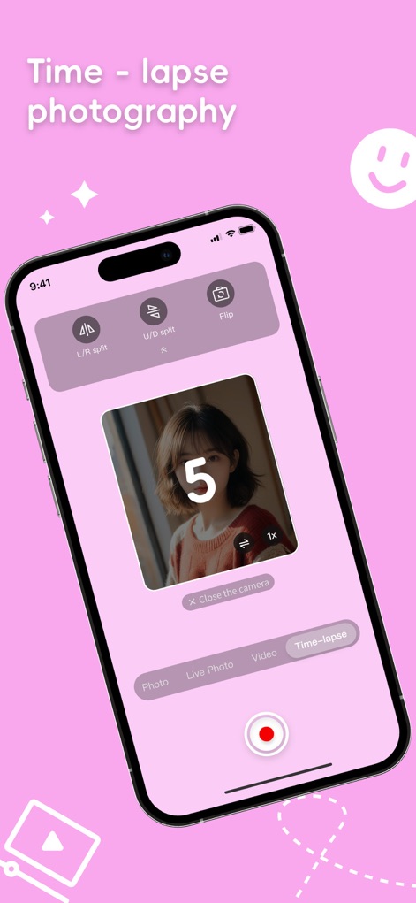 GlowCamera Selfie Light Camera - This tool facilitates engaging time-lapse photography, featuring a visible countdown timer and options for split screen effects.