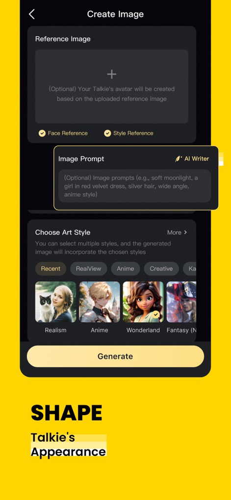 Talkie: Personalized AI Chats - Los usuarios pueden definir la apariencia visual de sus Talkies utilizando diversas opciones de estilo artístico y subiendo imágenes de referencia para personalizarlos.