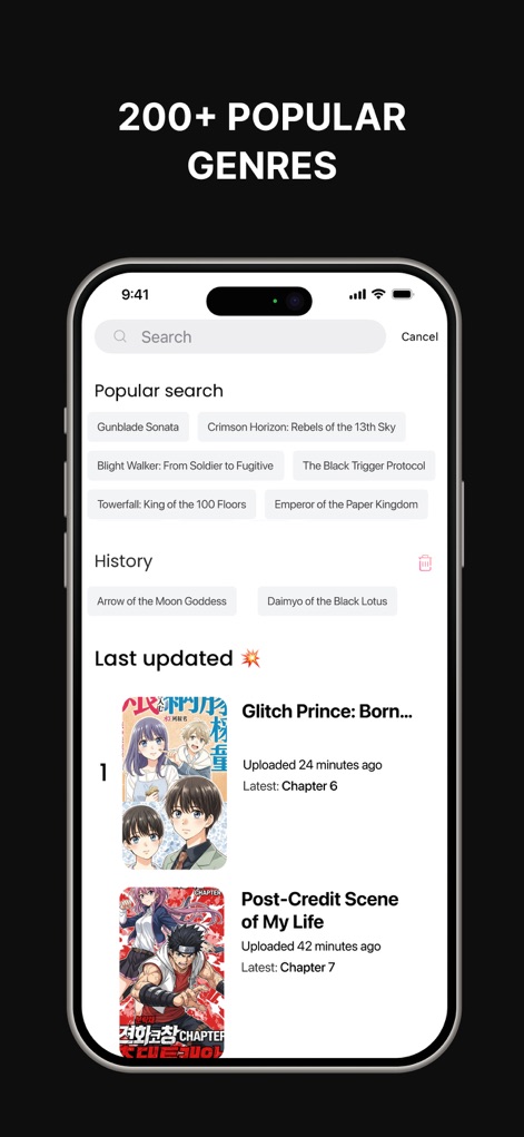 Manga Reader Infinity - La interfaz de búsqueda ofrece "Popular search" con sugerencias y una sección de "Last updated" para las novedades más recientes.