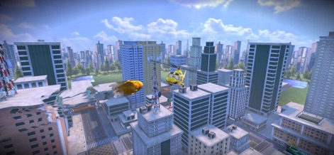 Sniper 3D: Gun Shooting Games - Observe the extensive urban landscape, featuring multiple skyscrapers and a vibrant yellow helicopter in mid-flight.