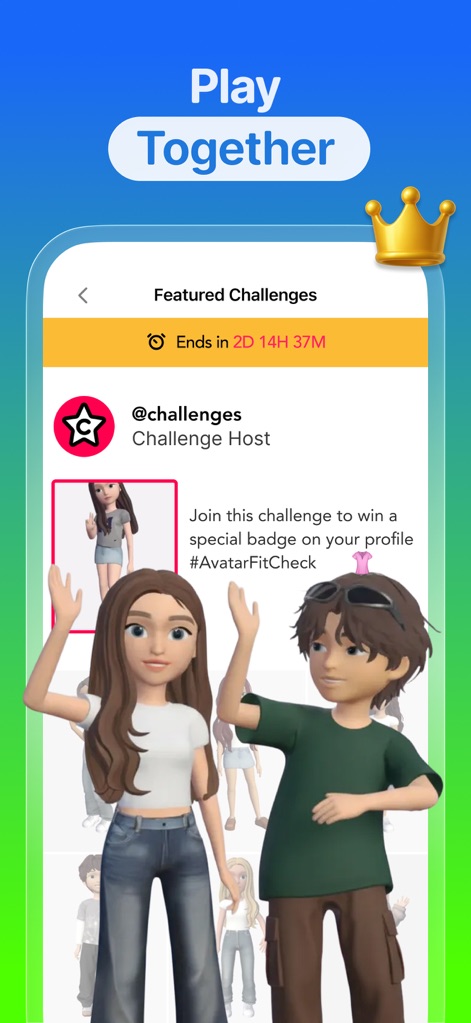 Coverstar - Positive Social - This view highlights the app's exciting 'Featured Challenges' section, where users can join creative prompts and express themselves through detailed avatar customization.