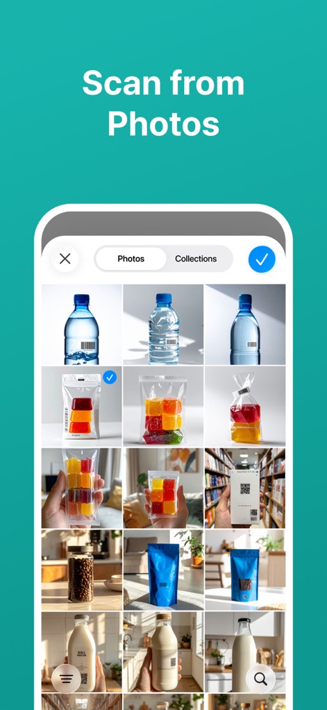 QR Code Scanner · Barcode - La aplicación escanea códigos directamente desde imágenes guardadas, una funcionalidad que se evidencia al seleccionar 'Fotos' de la galería y al permitir la 'selección de múltiples imágenes' con códigos.