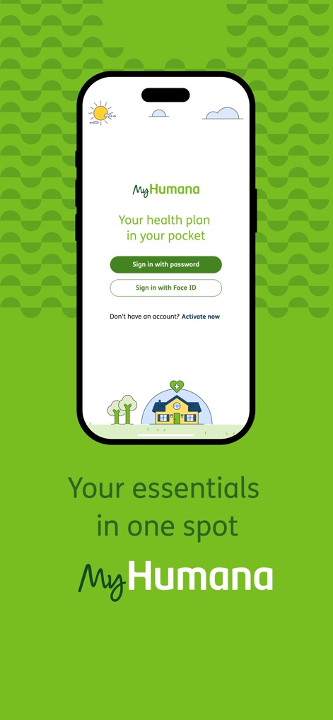 MyHumana - A tela de login oferece métodos de acesso convenientes, permitindo que os usuários façam "Sign in with password" ou usem a autenticação "Face ID" para maior agilidade.