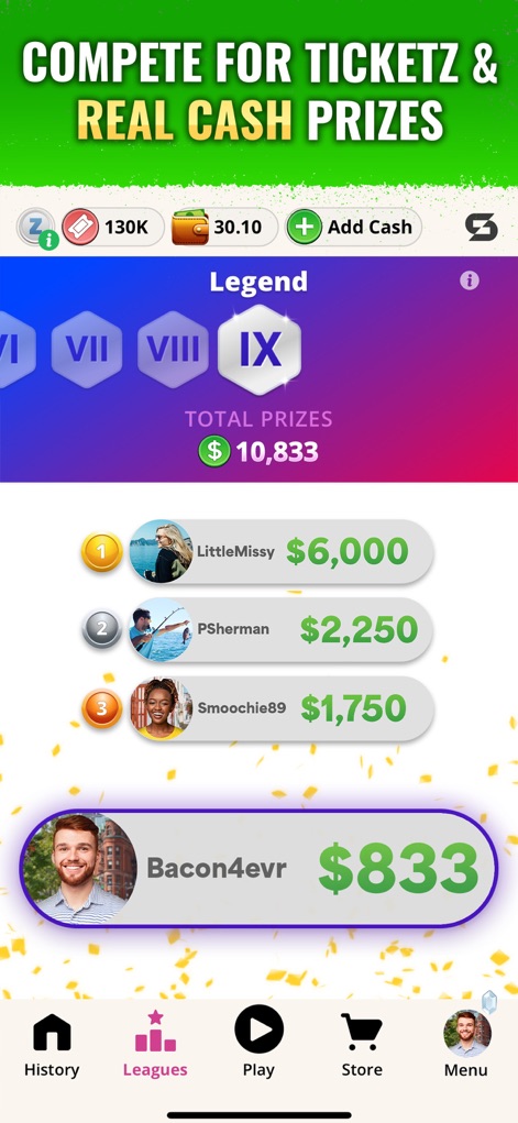 Dominoes Gold - Win Real Money - The app showcases a competitive leaderboard displaying top players and their impressive cash winnings, alongside different 'Legend' tiers indicating progress.