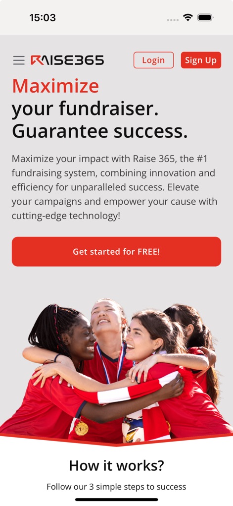 RAISE365 - See how the app highlights its primary benefit to maximize impact and provides a clear call to action for users to get started for free.