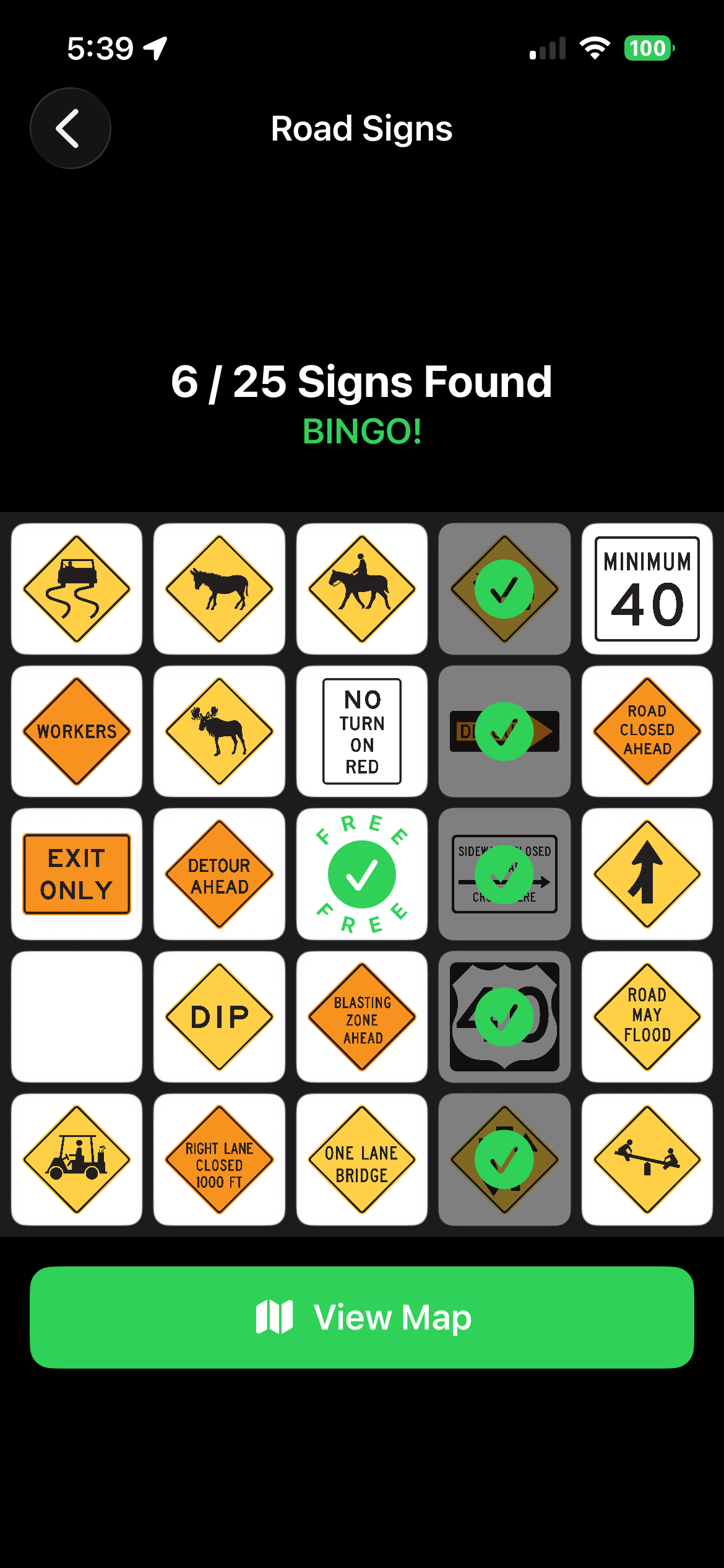 Road Signs Bingo