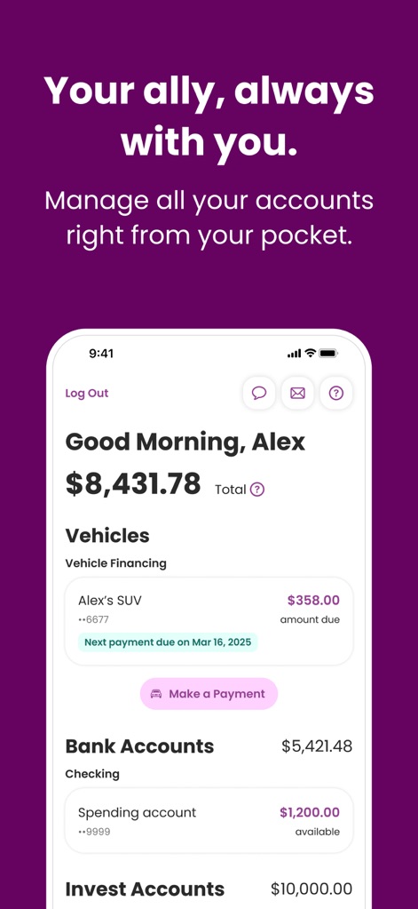Ally: Bank, Auto & Invest - Users can effortlessly manage multiple financial pillars, from viewing detailed vehicle financing to checking bank account balances, all on one intuitive screen.