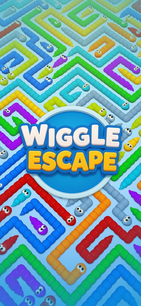 Wiggle Escape: Snake Puzzle - アプリのタイトルロゴ「Wiggle Escape」が中央に配置され、周囲にはカラフルなヘビがダイナミックに広がる、ゲームの全体像を表現するビジュアルです。このスクリーンショットは、鮮やかなロゴデザインと、背景に広がる多様な色のヘビのパターンが特徴です。