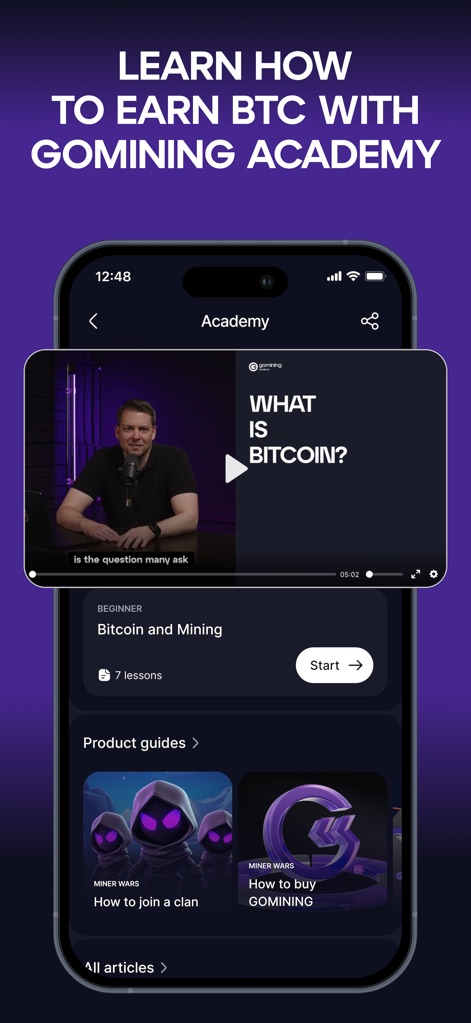 GoMining: BTC Mining & Finance - The Academy features an engaging video lesson on 'WHAT IS BITCOIN?' and provides comprehensive 'Product guides' for various app functionalities.