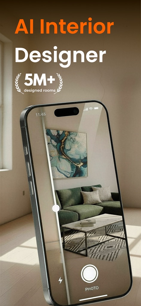 DecorAI: AI Interior Design - See how the app facilitates instant room transformations with an interactive before/after slider and highlights its extensive user base with '5M+ designed rooms'.