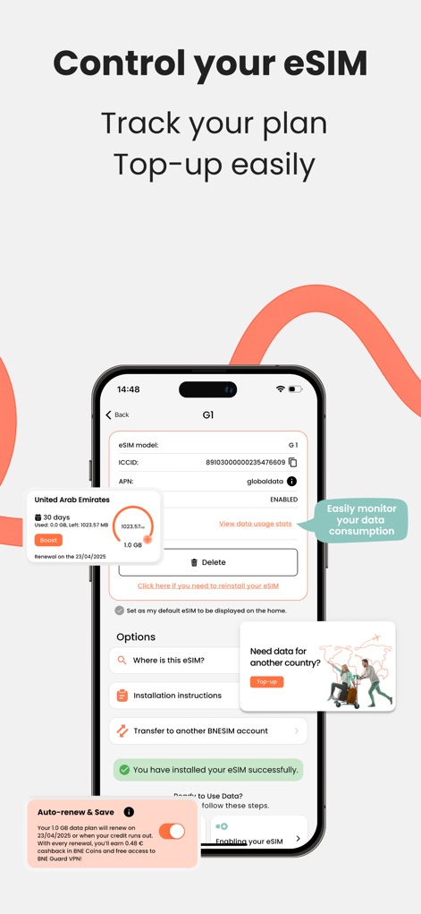 BNESIM: 5G eSIM Data profiles - ユーザーは、データ消費量を簡単に監視し、必要に応じてプランを補充できます。アクティブなeSIMのデータ使用状況の詳細と、自動更新設定のオプションが提示されています。