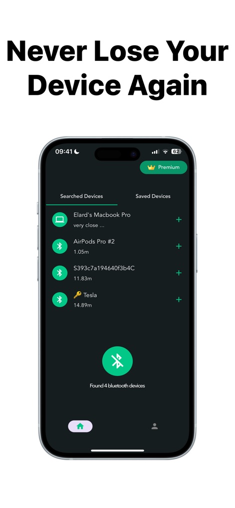 Find: my phone,device tracker - The app displays a comprehensive list of 'Searched Devices' like AirPods Pro #2 and Tesla, complete with their respective distance metrics for easy oversight.