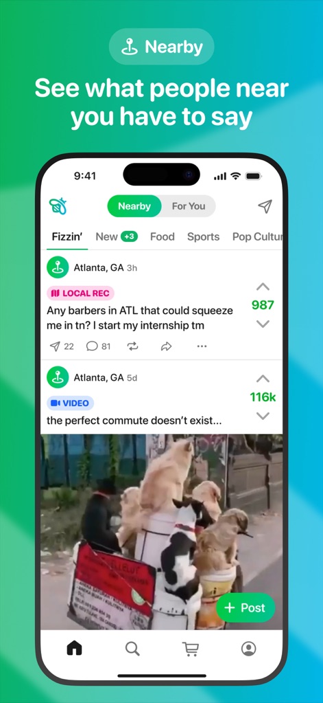 Fizz: Your Authentic Community - This tool emphasizes hyper-local connections, showcasing a dedicated 'Nearby' feed and highlighting local recommendations with a distinct 'LOCAL REC' tag.