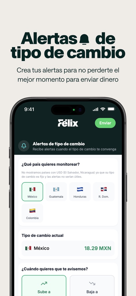 Félix Pago - Envíos de dinero - Los usuarios pueden configurar alertas de tipo de cambio seleccionando el país y definiendo umbrales para subidas o bajadas, permitiendo optimizar el momento del envío.